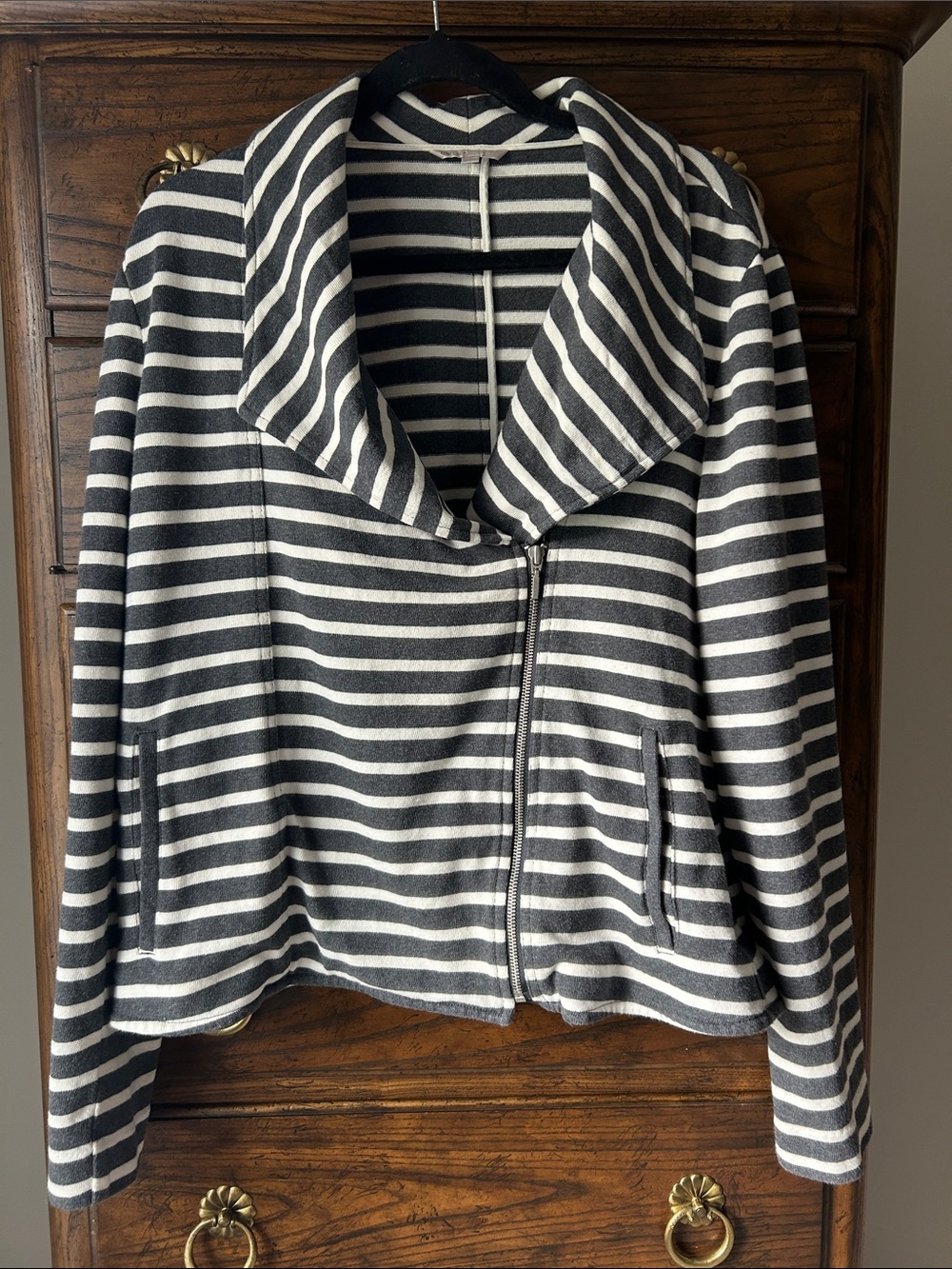 GAP Charcoal & White Striped Shawl-Collar Zip Cotton Cardigan, Size XL